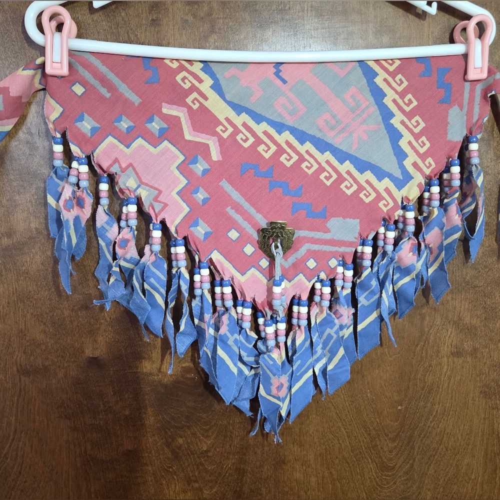 Southwestern Pink Blue Gray Rust Cotton Beaded Fringe Neck Scarf Concho Cowgirl